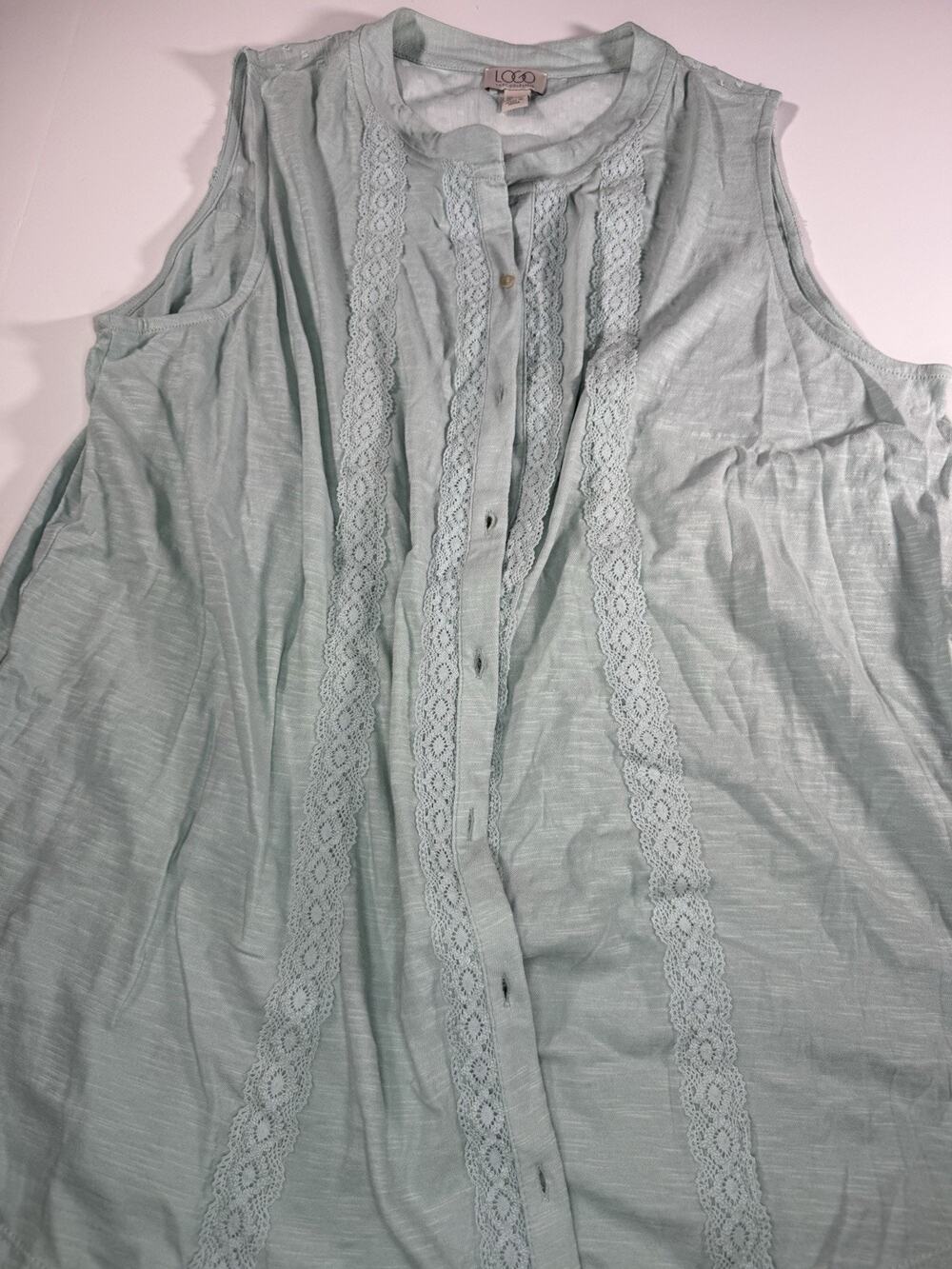 Logo Lori Goldstein L Blue Green Sleeveless Button Down Lace Ruffle Blouse